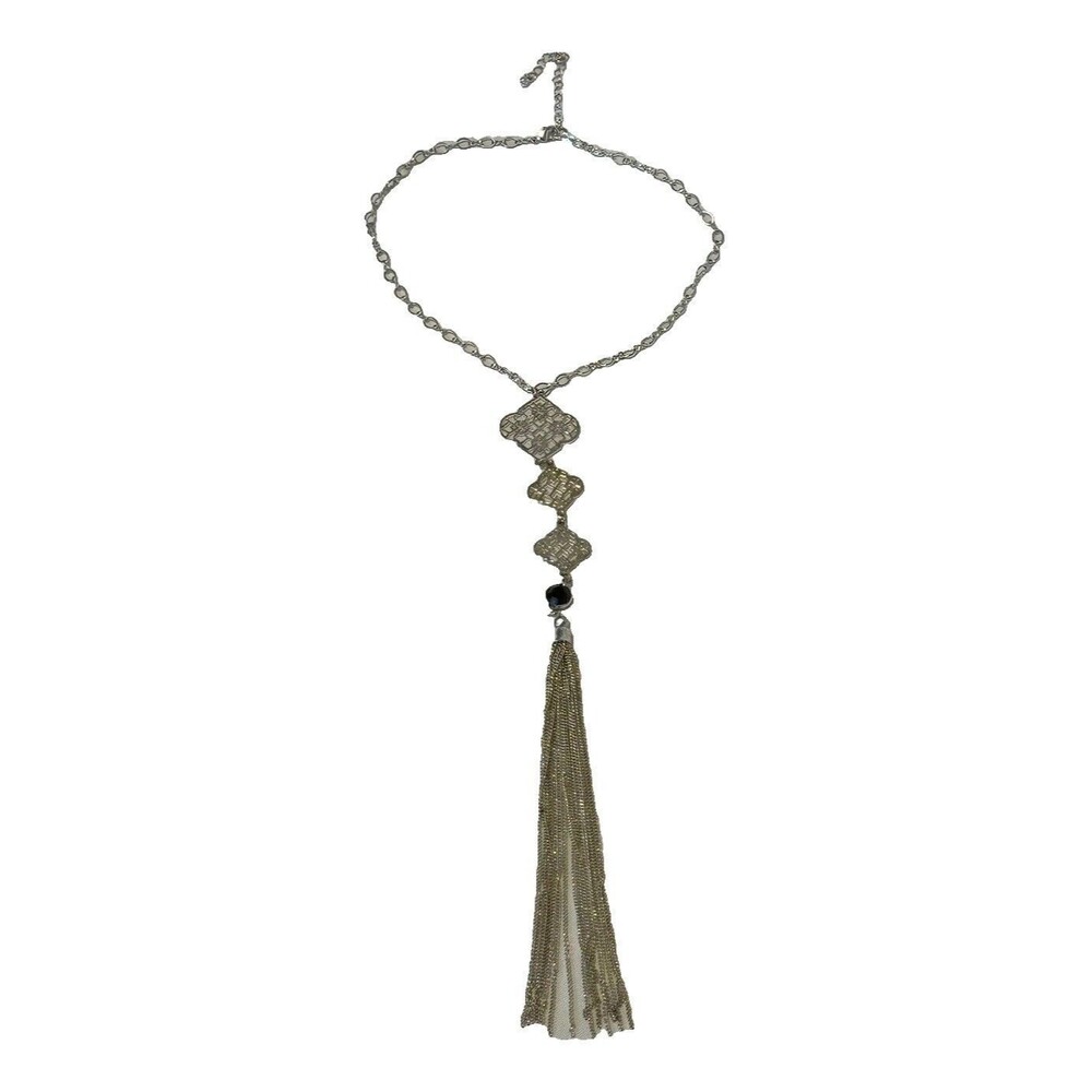 Silver Tassel Drop Necklace With Tiered Design Fringe Tassel and Black Pendant